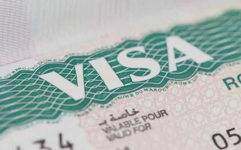 setting up a company in dubai - Close-up of a visa stamp on a passport page with the word 'VISA' prominent.