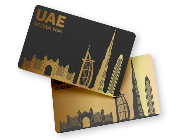 Mainland- UAE Golden Visa cards with skyline silhouette, floating against a black background.