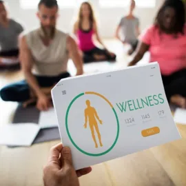 business formation in dubai - A hand holding a wellness sign with people sitting in a yoga class in the background.