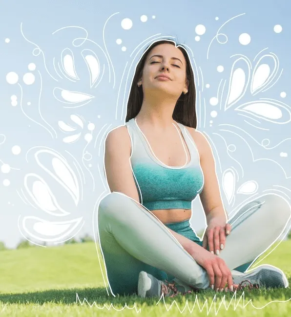 Freezone- Person in workout gear sitting cross-legged on grass with a doodle-like outline.