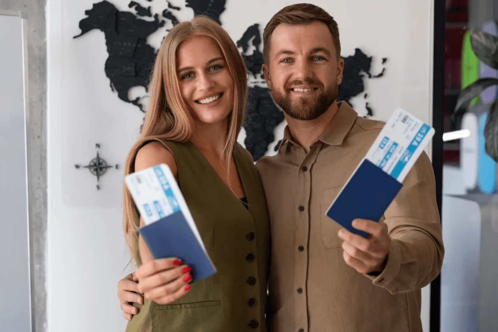 Freezone- Two people holding passports and boarding passes, with a world map in the background.